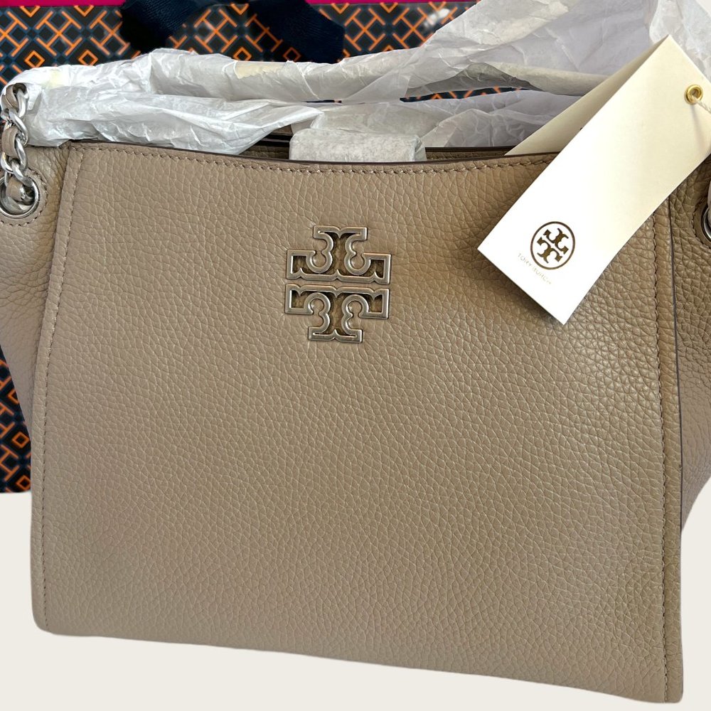 Tory Burch Taupe Pebbled Leather Crossbody Bag with Silver Logo